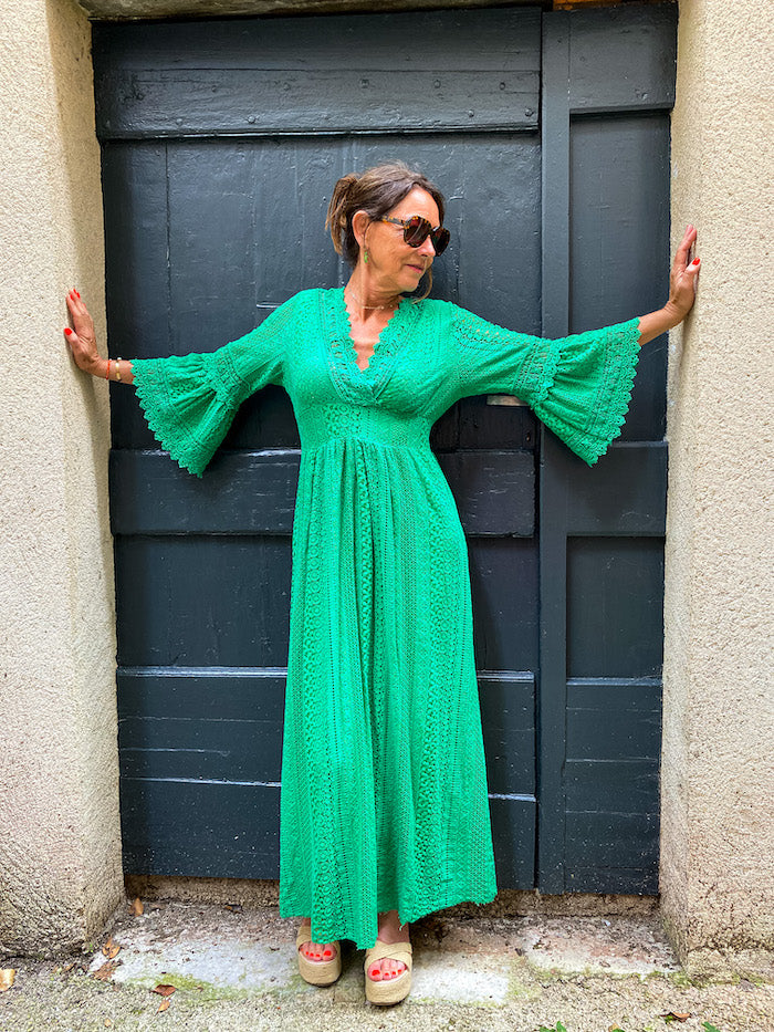 Robe longue bohème en dentelle verte