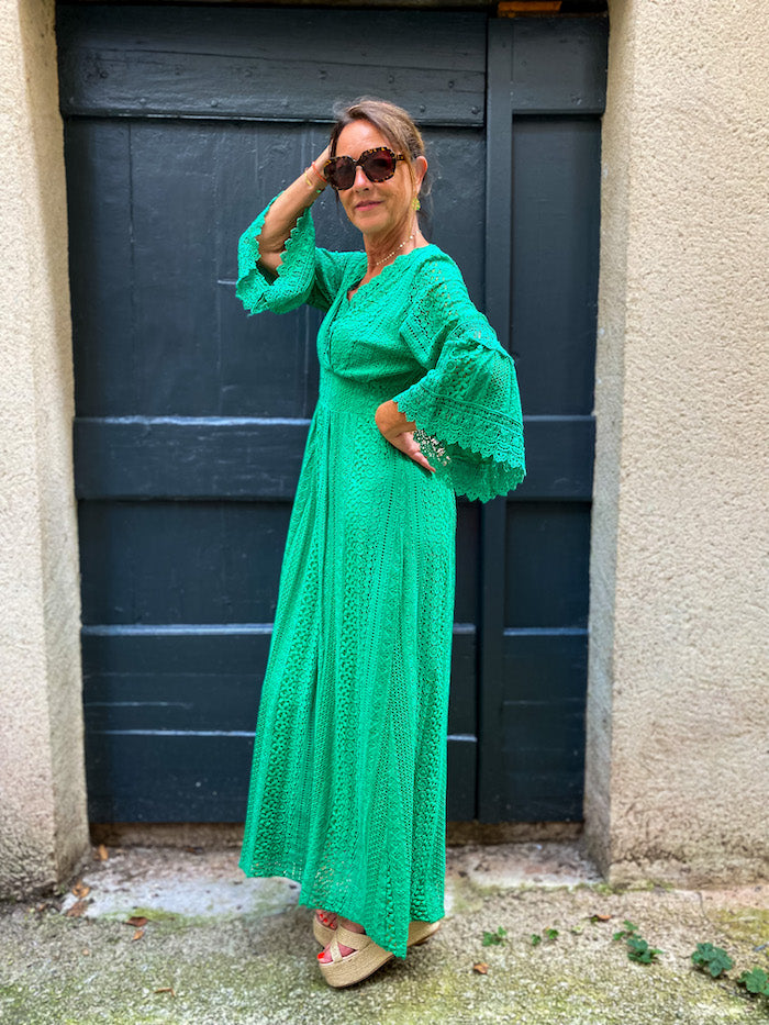 Robe longue bohème en dentelle verte