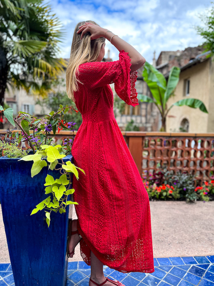 Robe longue bohème en dentelle rouge