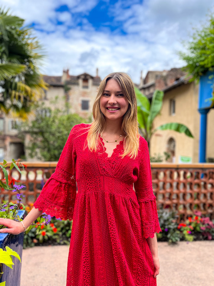 Robe longue bohème en dentelle rouge