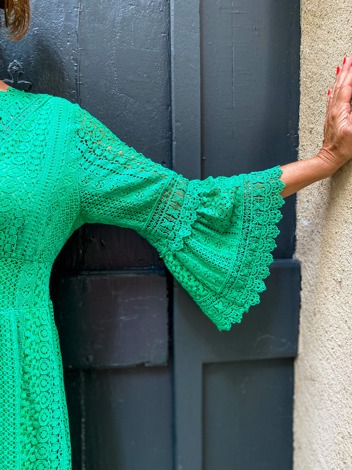 Robe longue bohème en dentelle verte