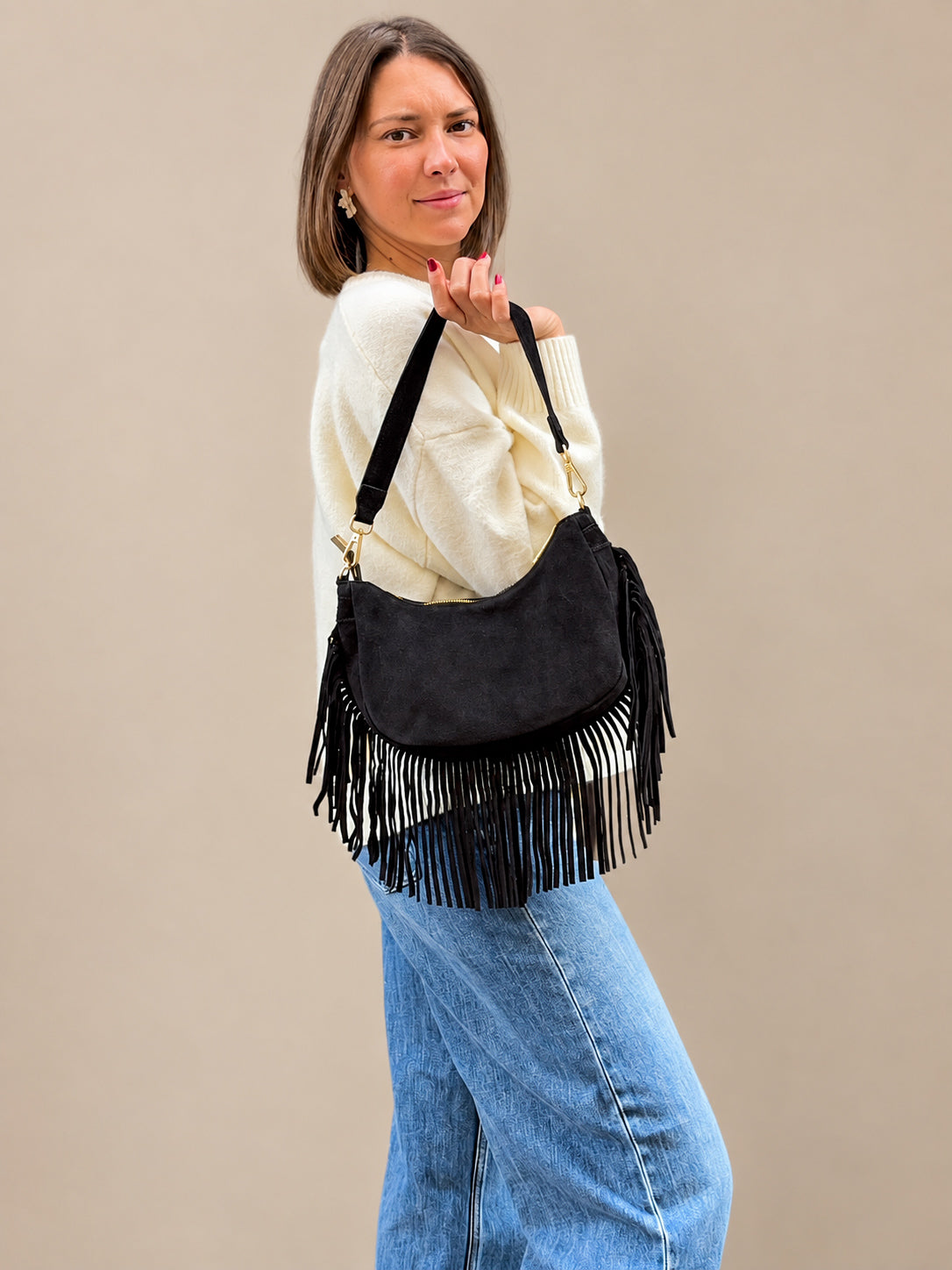 sac à main à franges en daim noir tendance