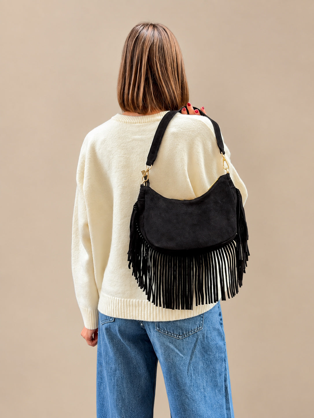 sac à main noir en daim à franges tendance pour femme