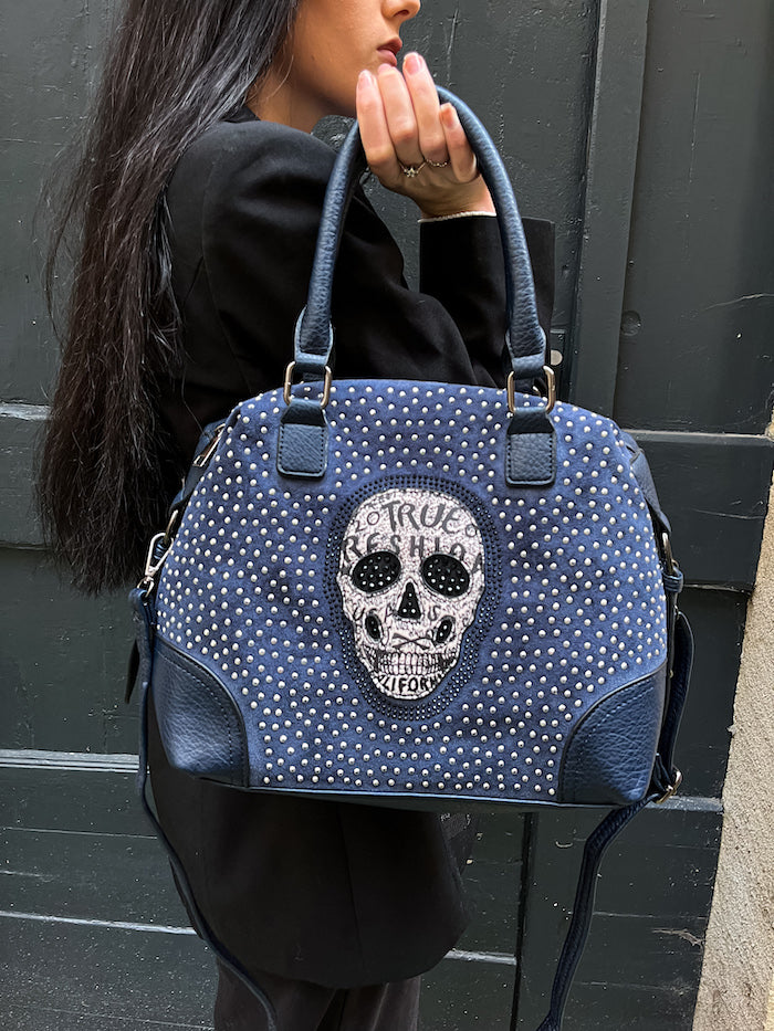 Sac bleu marine en similicuir tête de mort en strass