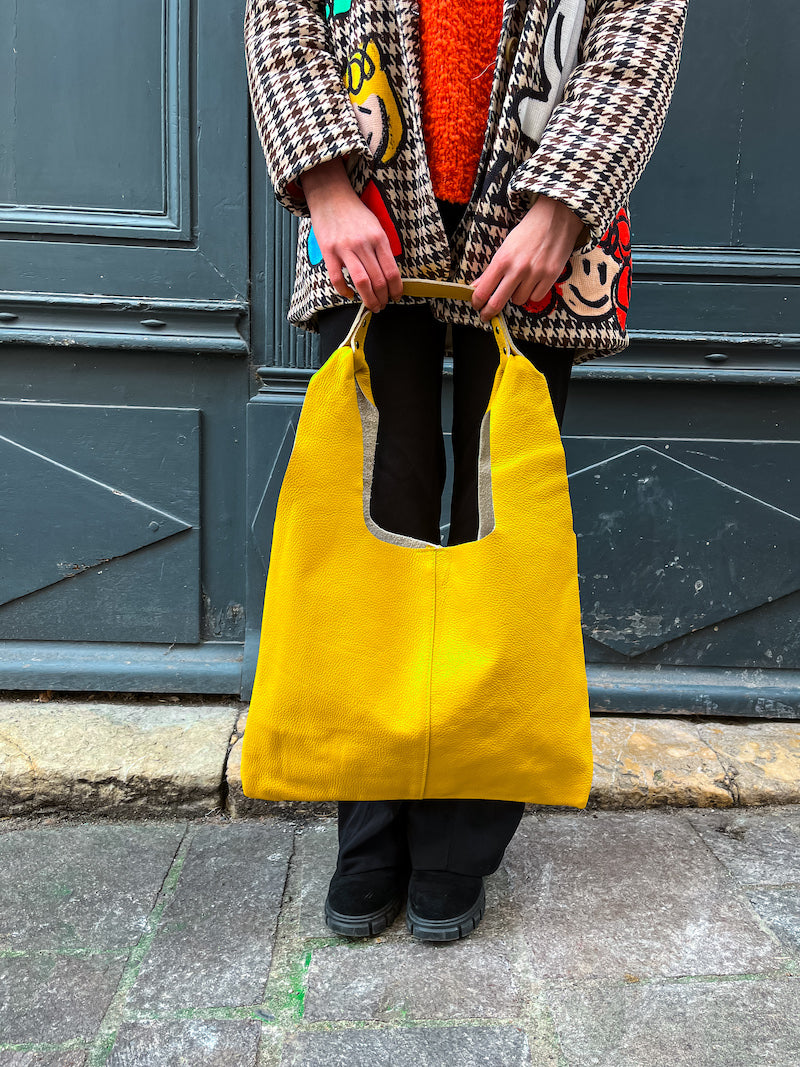 Sac cabas en cuir jaune véritable