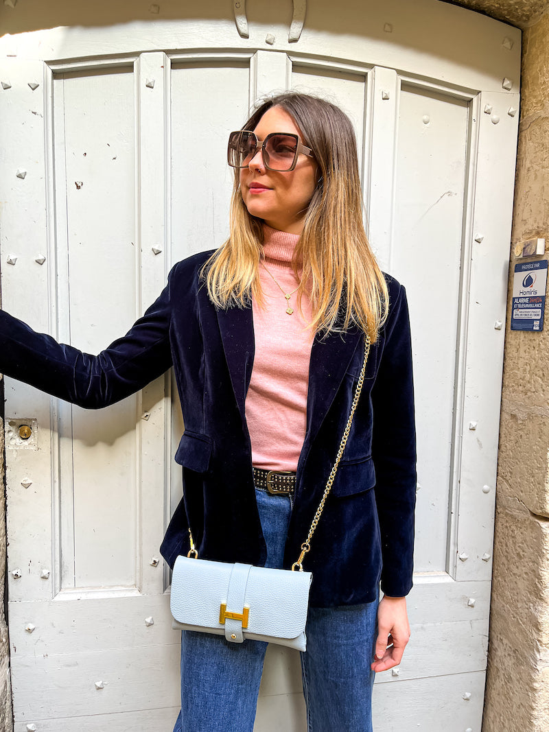 Sac bandoulière en chaîne et cuir bleu ciel