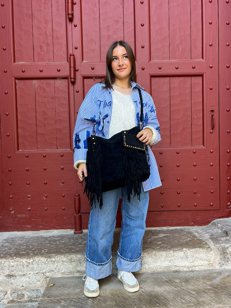 Sac à main en daim noir à franges