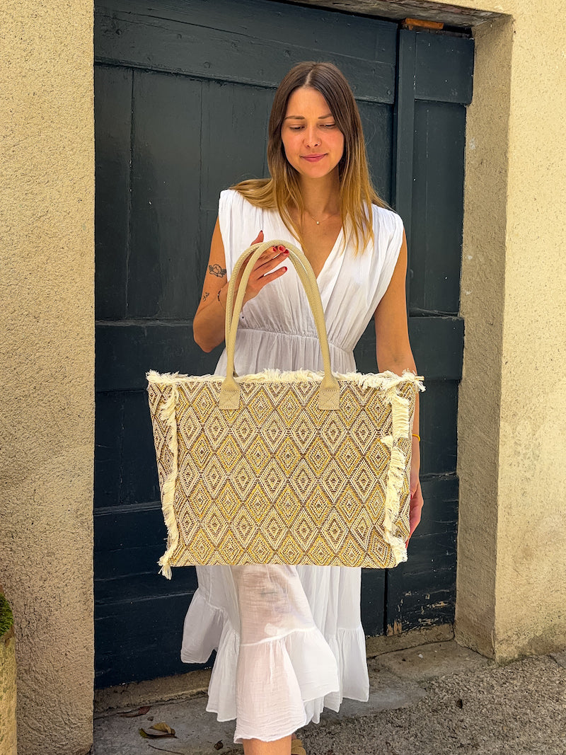 Sac fourre tout en tissage doré et beige