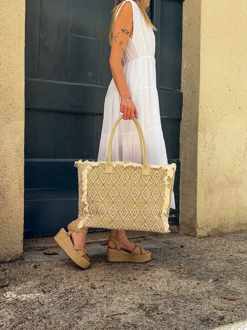 Sac fourre tout en tissage doré et beige