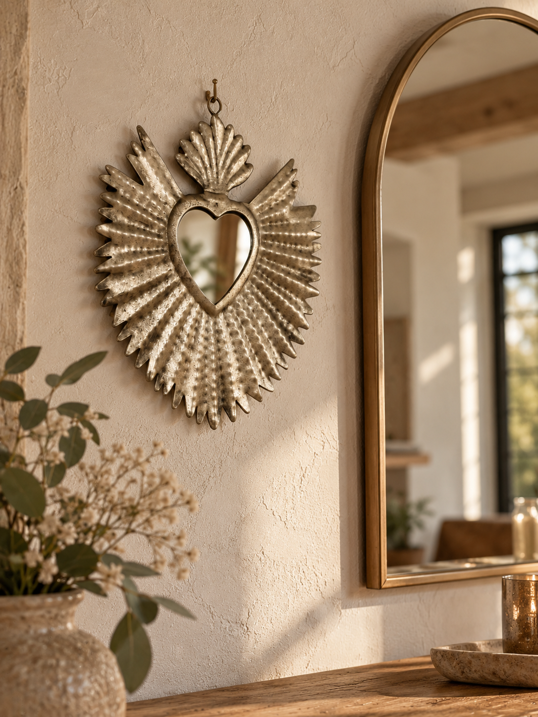 Ex-voto miroir Sacré-Cœur en métal martelé — Style Milagros