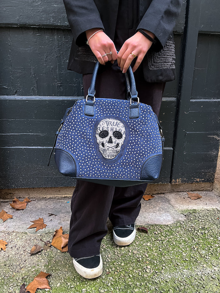 Sac bleu marine en similicuir tête de mort en strass
