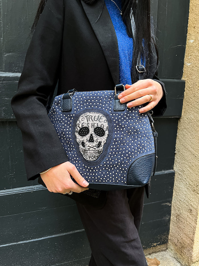 Sac bleu marine en similicuir tête de mort en strass