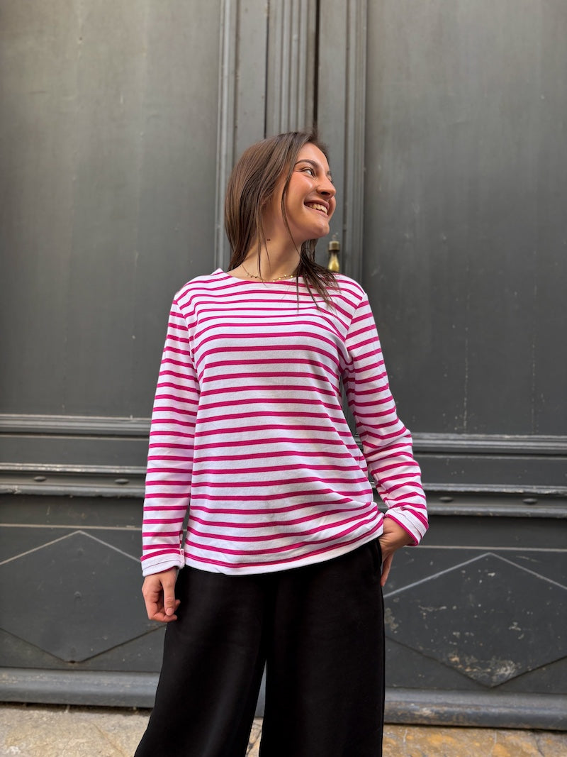 T-shirt à manches longues rayé rose et blanc - Love by MD