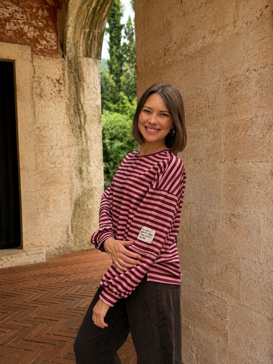 sweat à rayures rose et bordeaux tendance pour femme