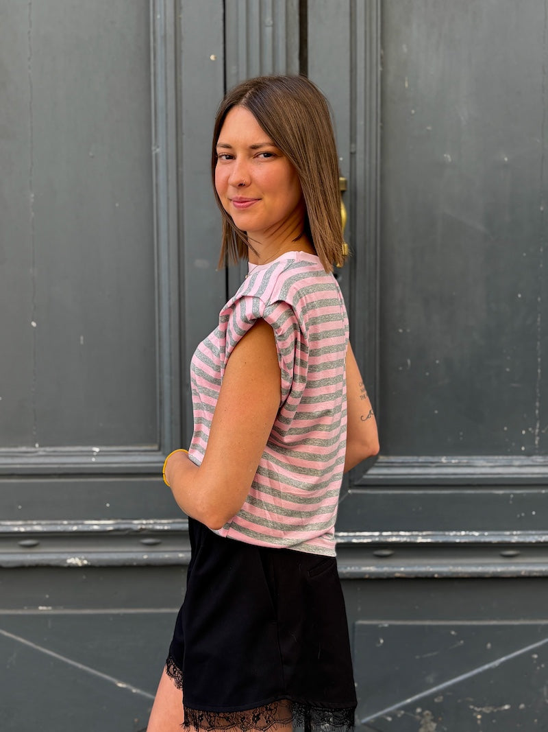 T-shirt rayé rose et gris pour femme