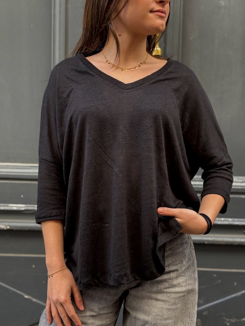 T-shirt manches 3/4 col V en lin - Love by MD