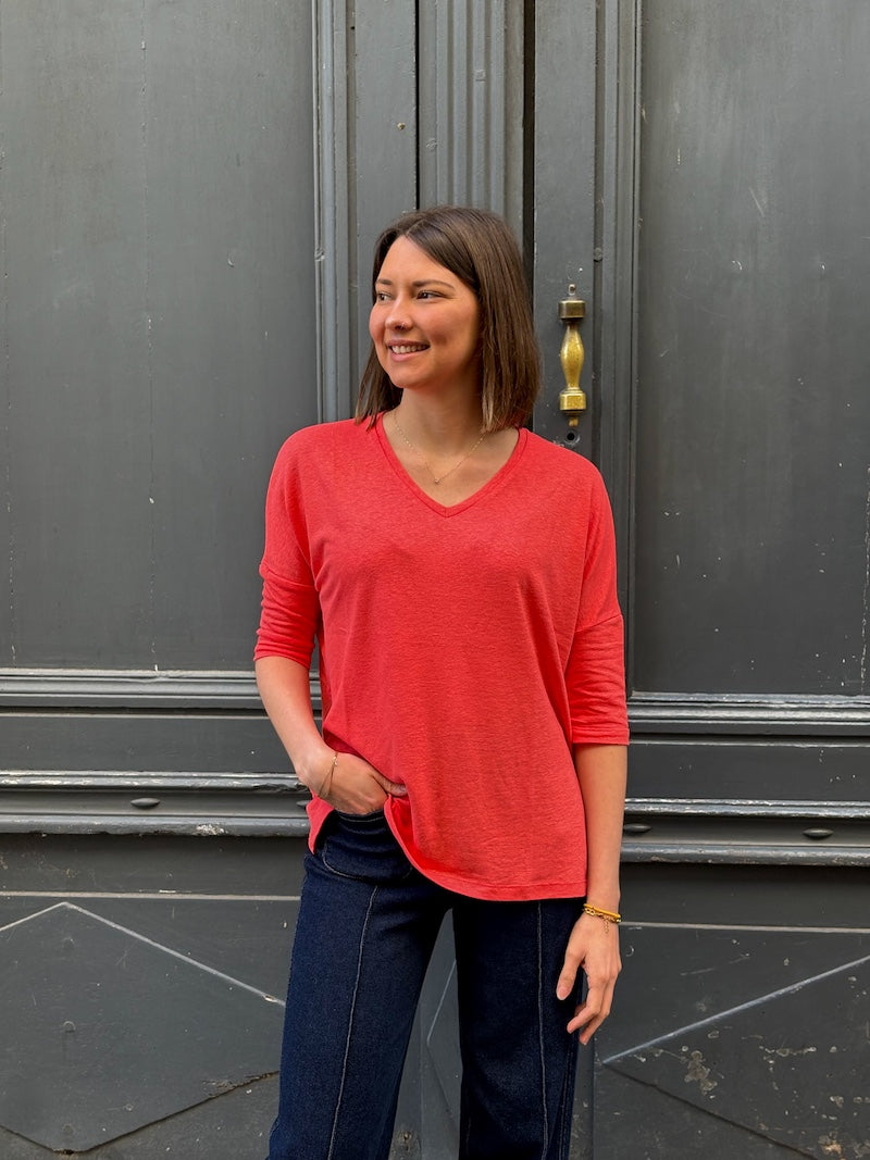 T-shirt manches 3/4 col V en lin - Love by MD