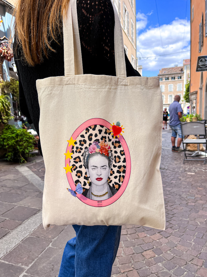 Tote bag en coton Frida Kahlo / Léopard - Création artisanale