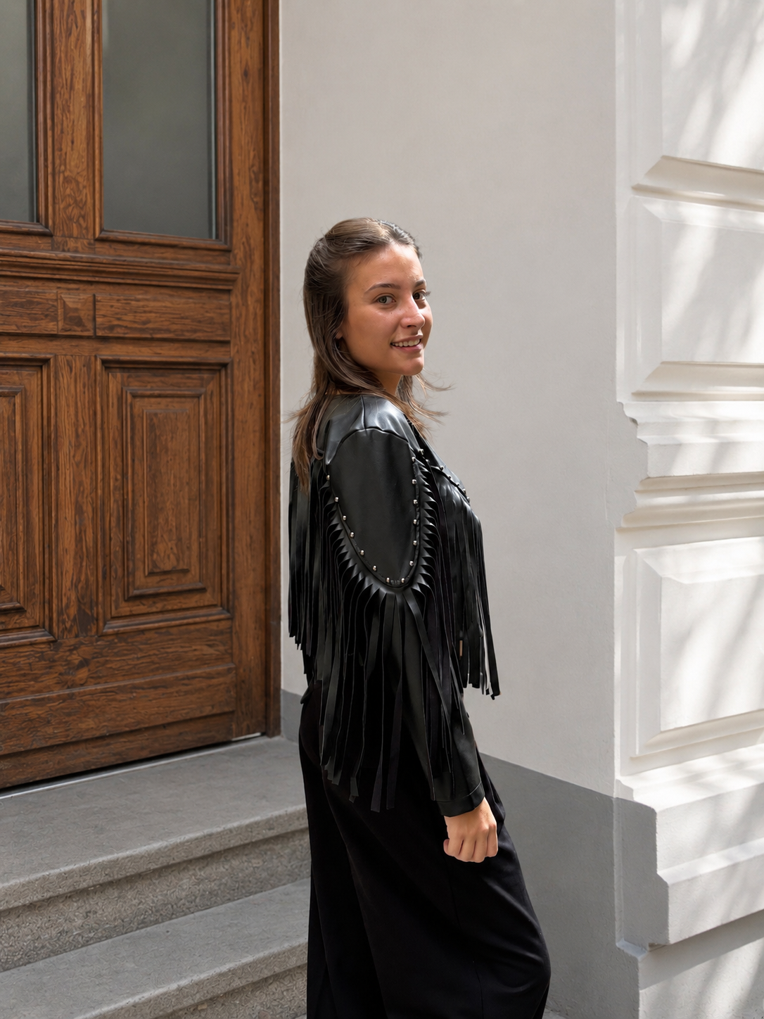 veste tendance cowboy en similicuir noir tendance pour femme