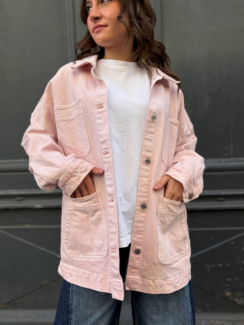 Veste en jean rose oversize customisée Marilyn Monroe Pop Art