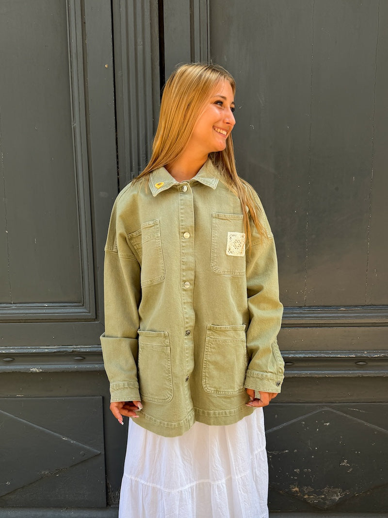 Veste en jean kaki oversize personnalisée d'un élépéhant pour femme