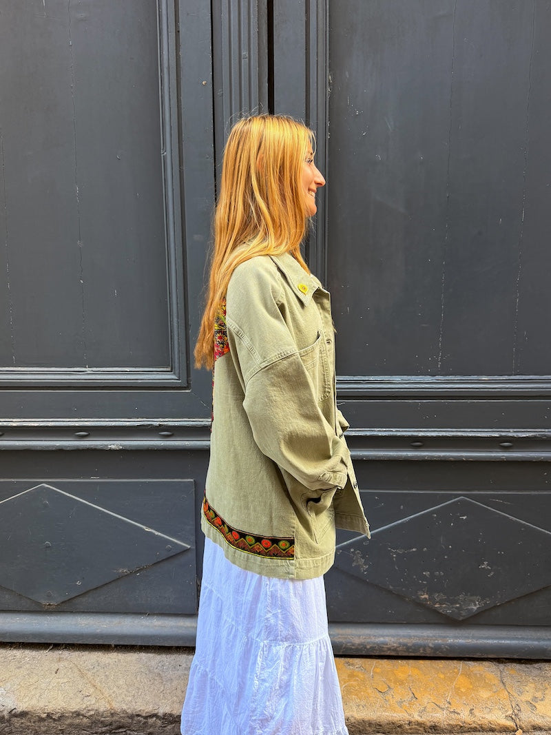 Veste en jean kaki oversize personnalisée d'un élépéhant pour femme