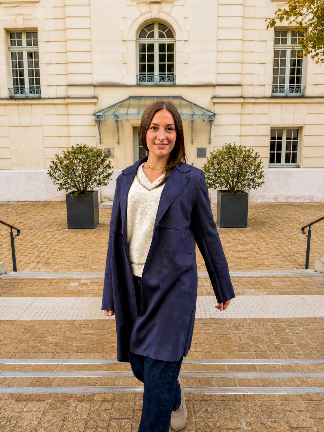 veste longue bleu marine tendance pour femme mi-saison automne