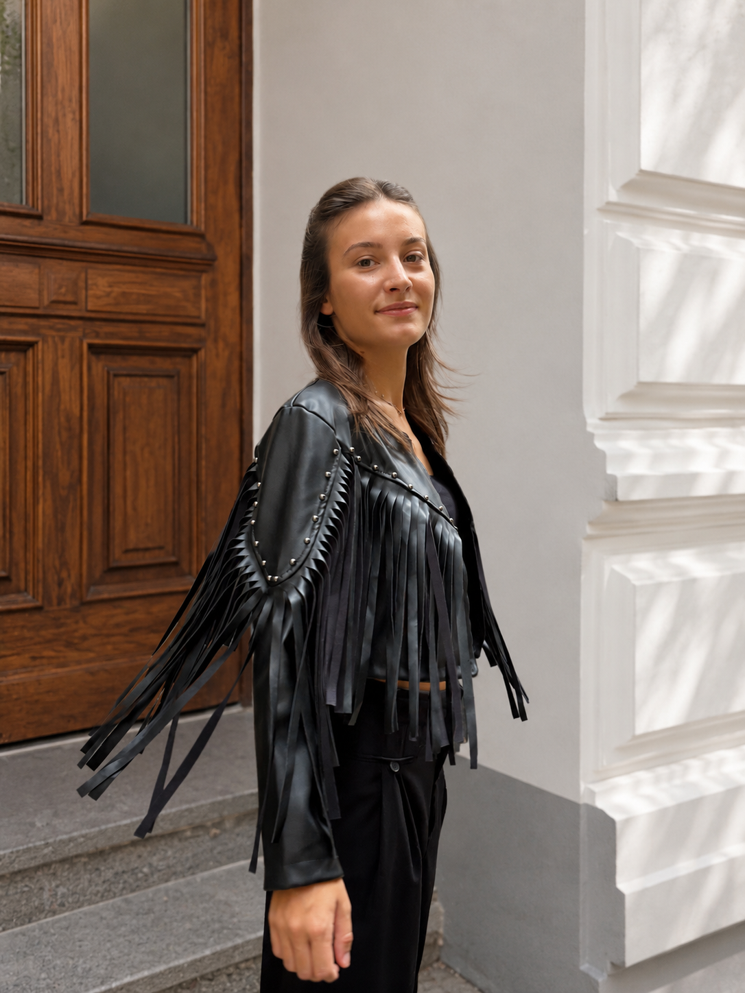 veste cowboy tendance pour femme en similicuir à franges
