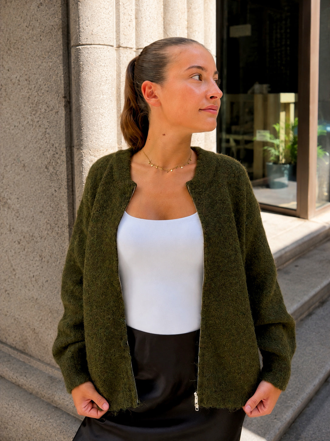 veste zippée en laine kaki pour femme
