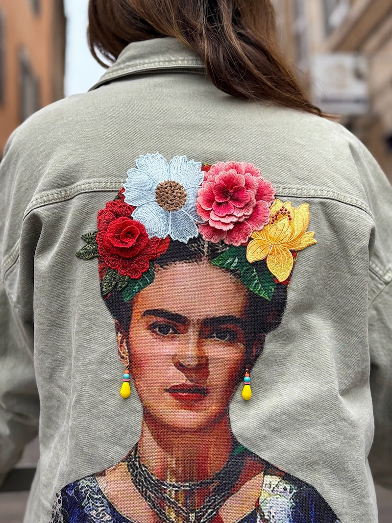 Veste en jean kaki oversize brodée Frida Kahlo - Amarillo