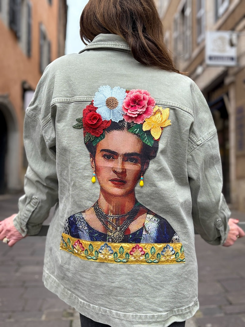 Veste en jean kaki oversize brodée Frida Kahlo - Amarillo