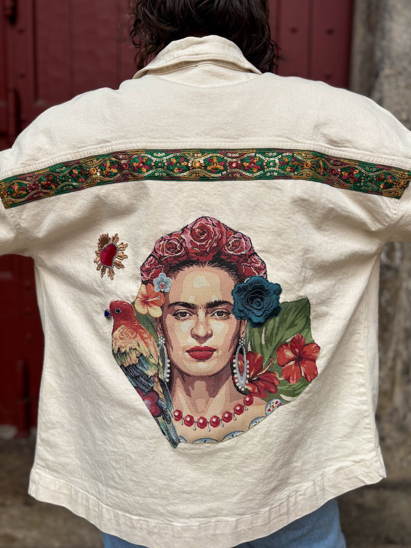 Veste en jean oversize blanc cassé personnalisée de Frida Kahlo