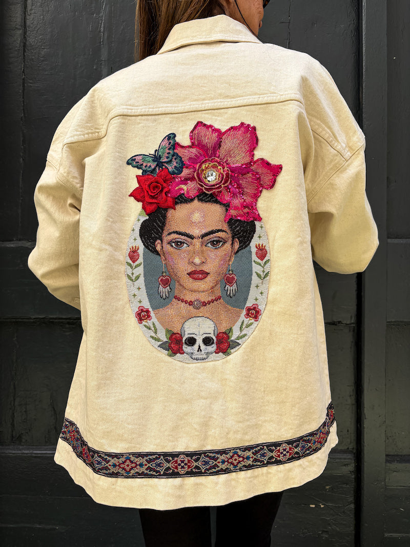 Veste blanc cassé oversize brodée Frida Kahlo - Flores rosas