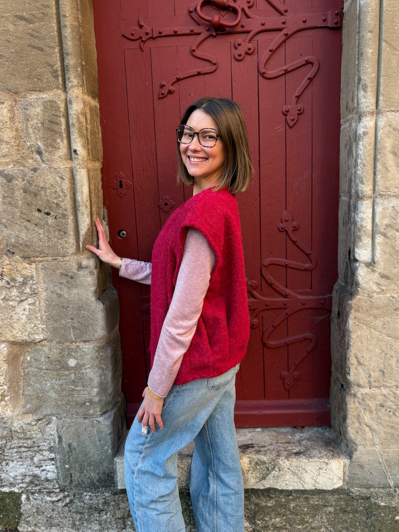 Gilet sans manches moumoute framboise