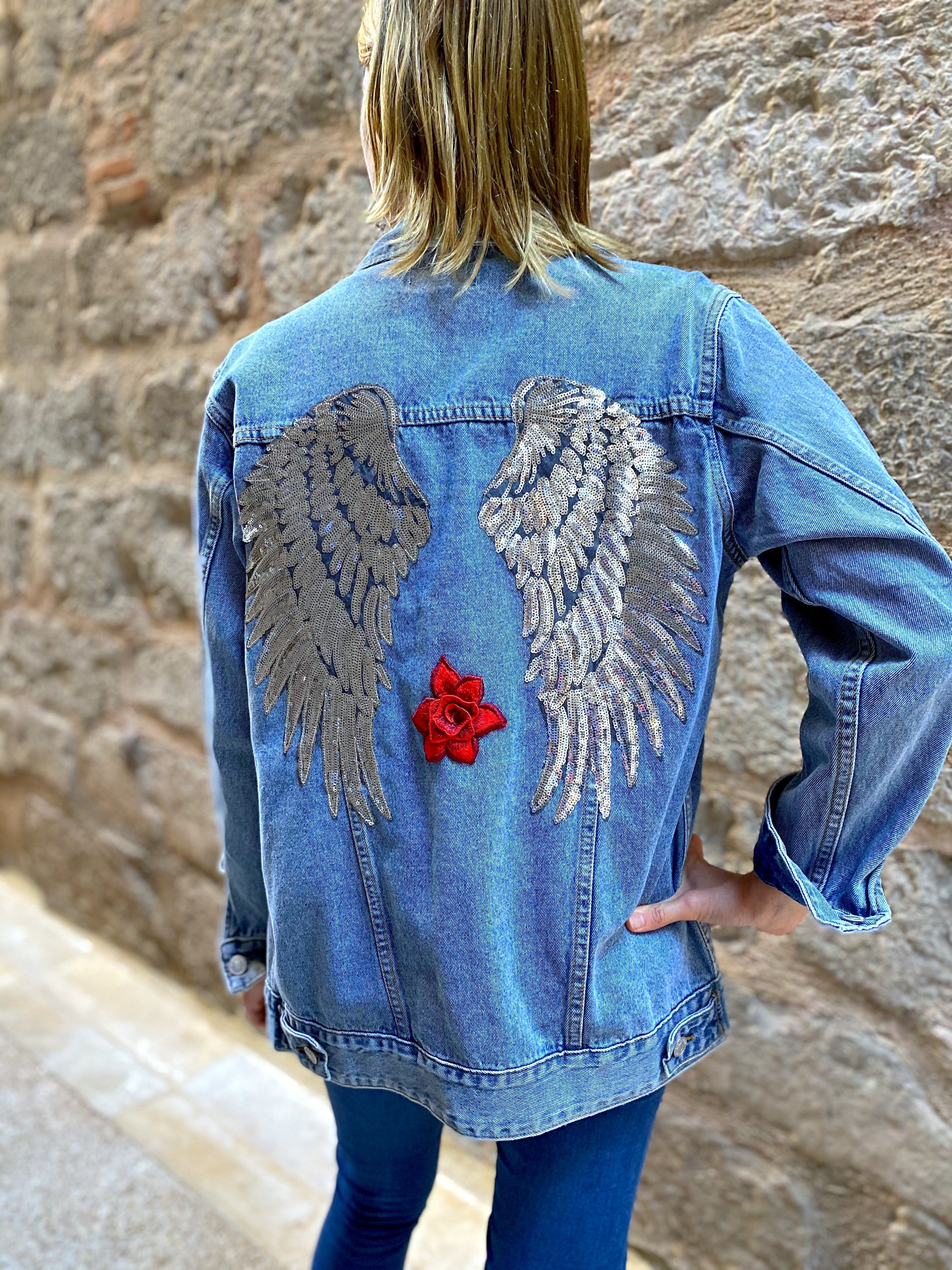 Veste en jean loose ailes d’ange argent - Veste en jean