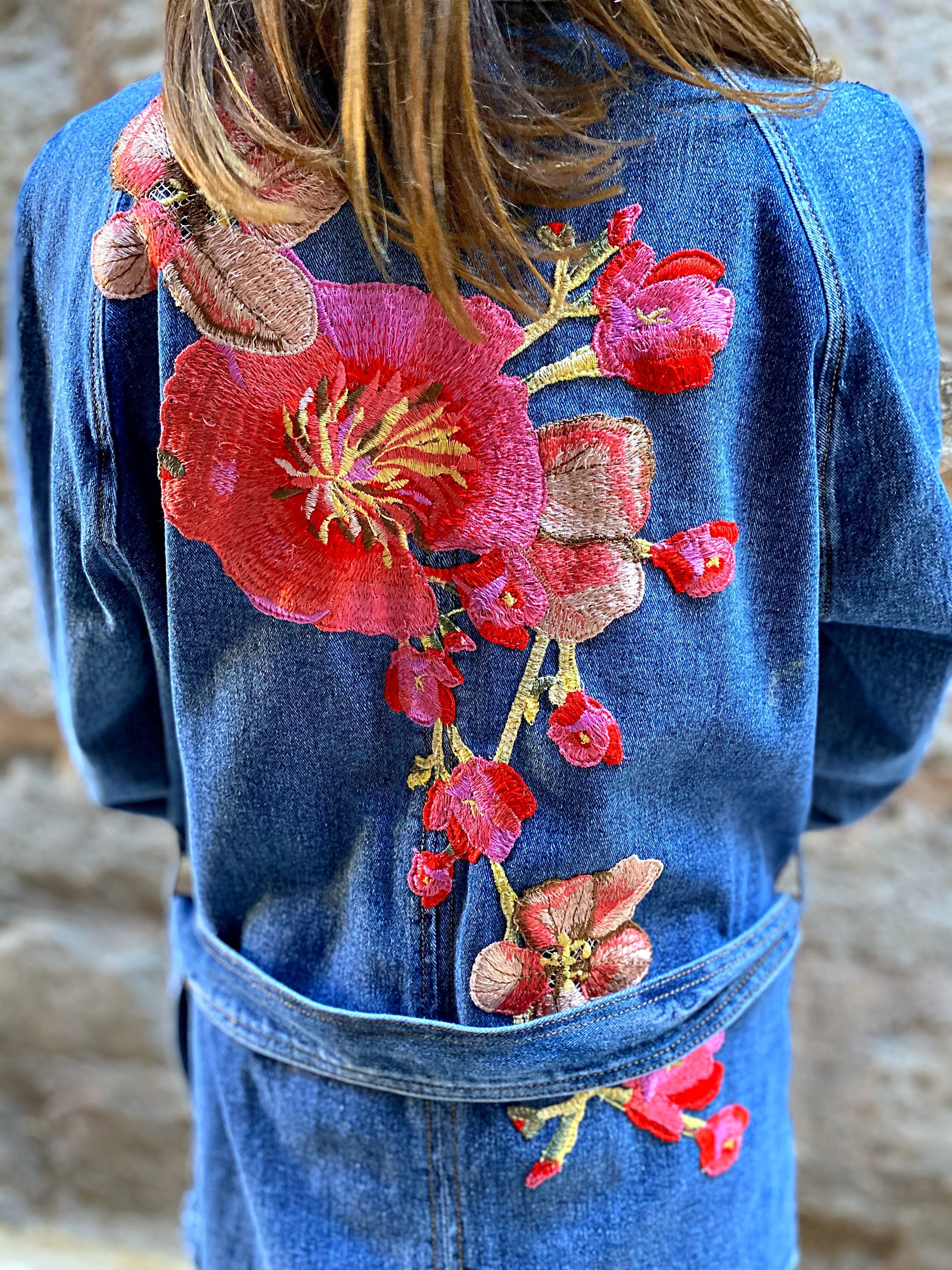 Veste en jean saharienne pivoines rose - Veste en jean