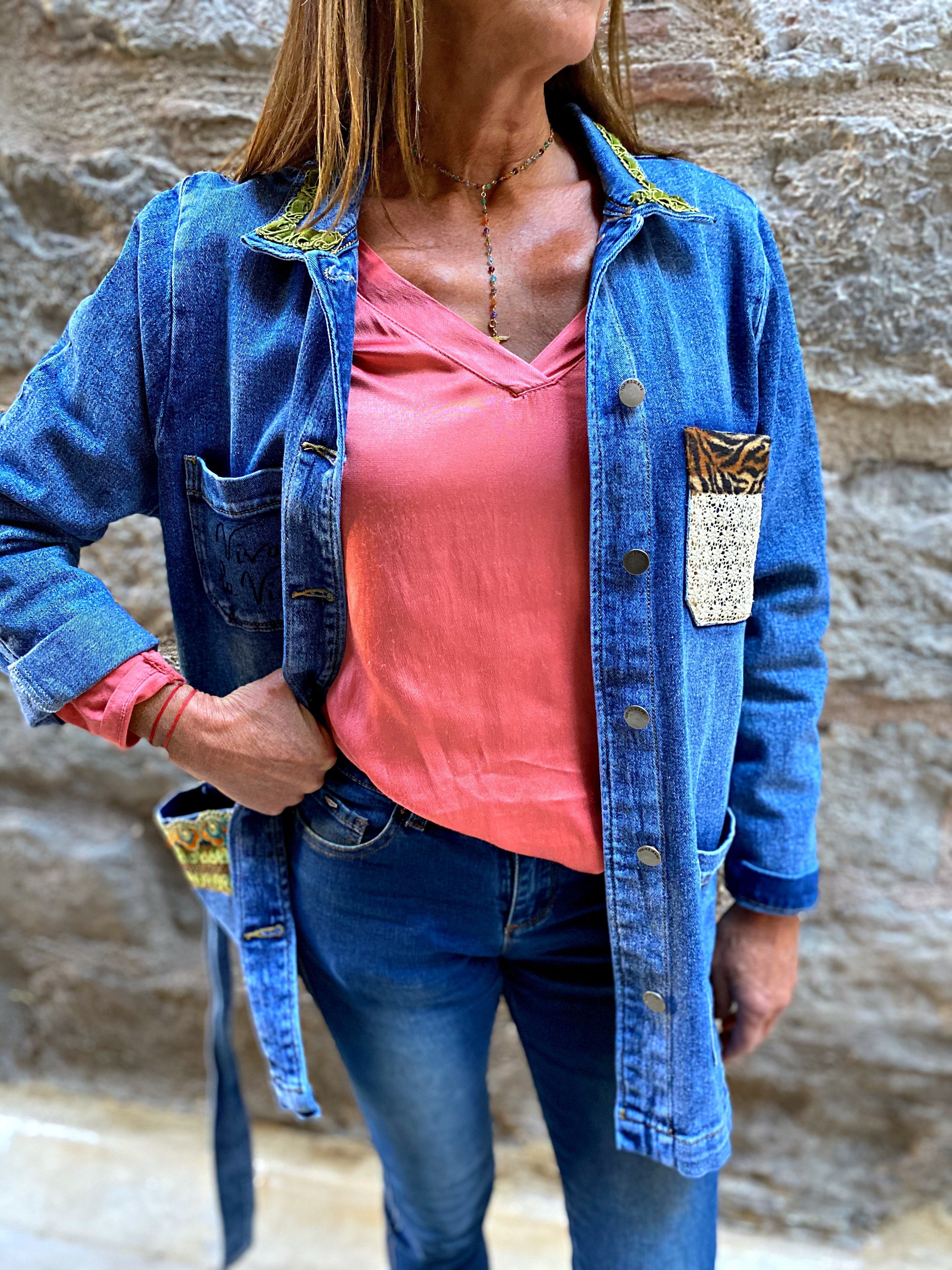 Veste en jean saharienne pivoines rose - Veste en jean