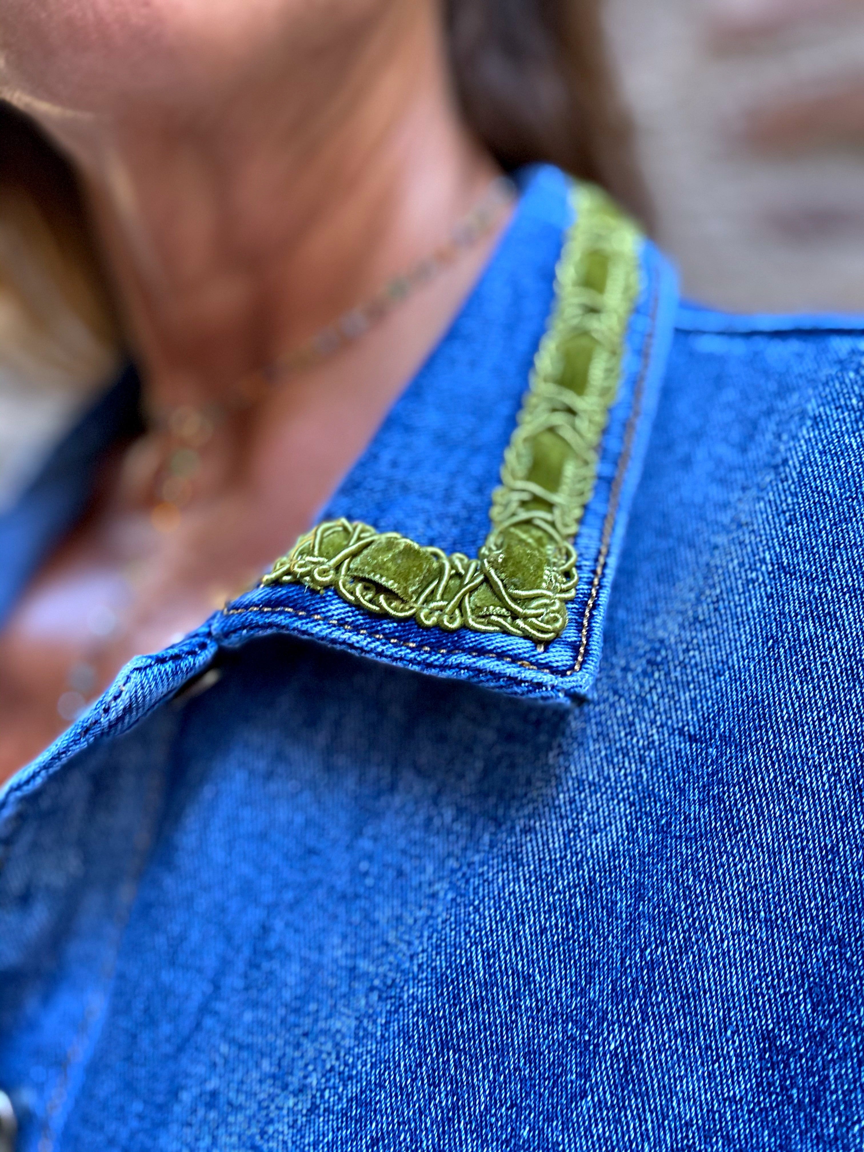 Veste en jean saharienne pivoines rose - Veste en jean