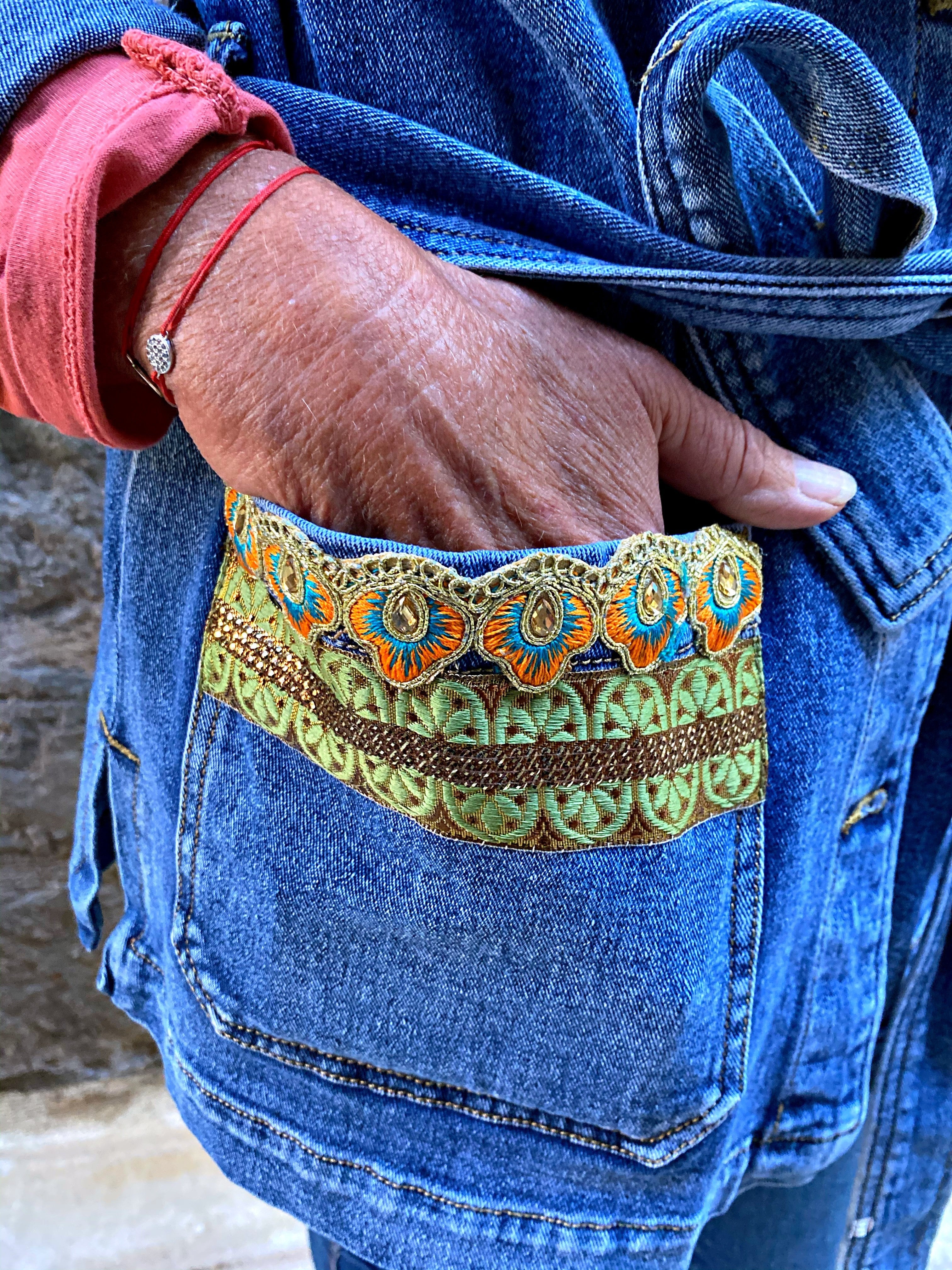 Veste en jean saharienne pivoines rose - Veste en jean