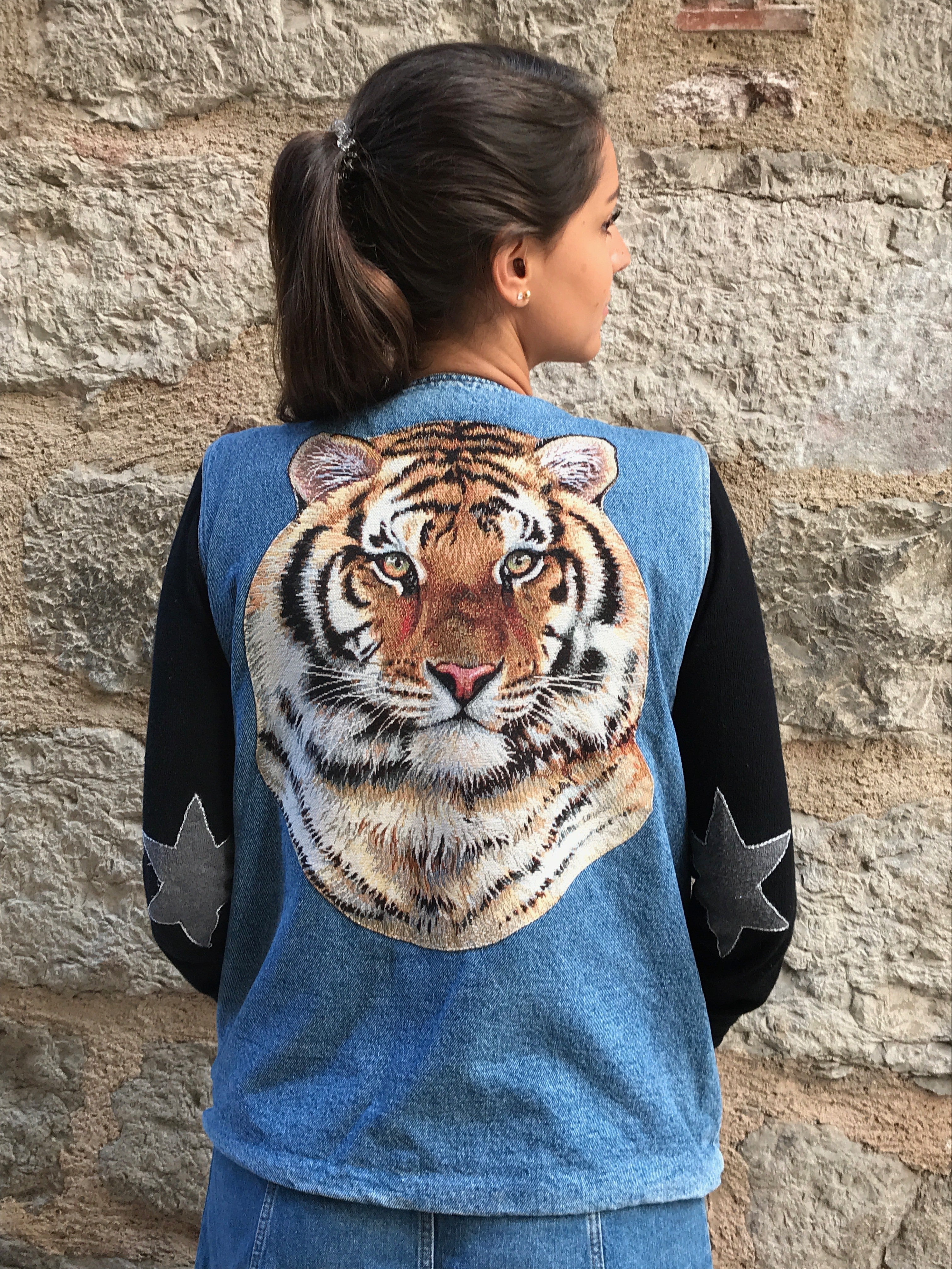 Veste en jean unisexe sans manche tête de tigre - Veste en