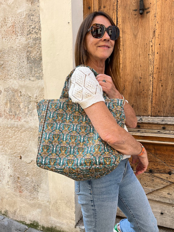 Sac brodé de perles en toile kaki imprimé ethnique