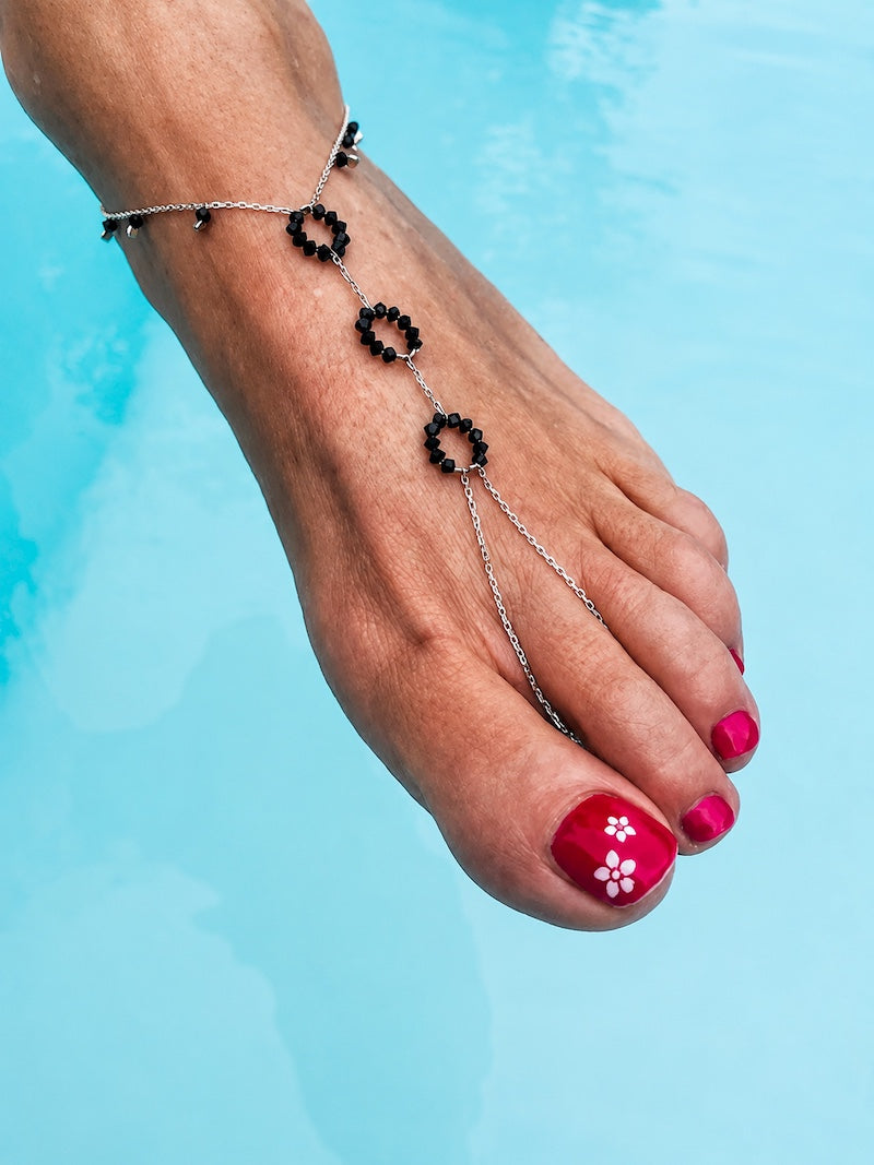 Bracelet de pied en cristal noir - Argent ou plaqué or