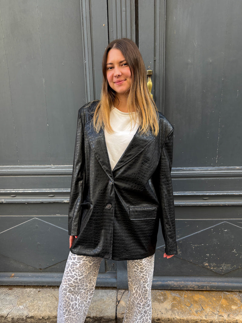 Blazer oversize en similicuir noir crocodile - April Vintage