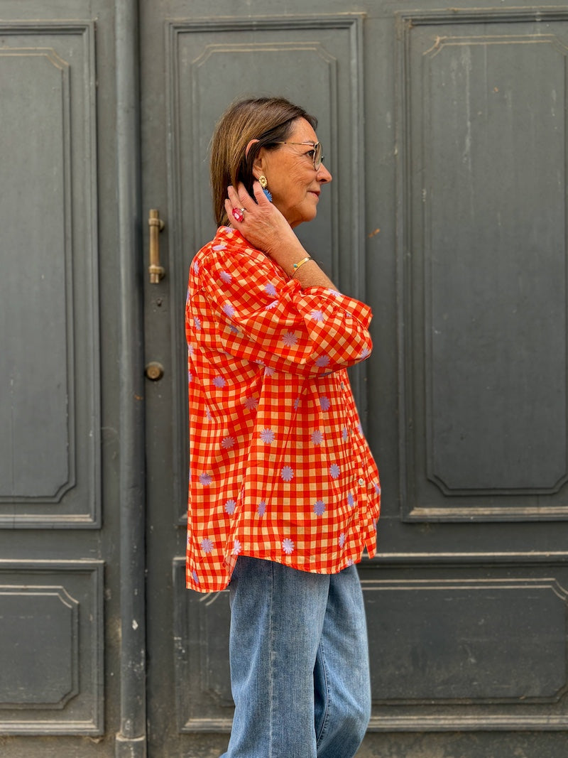 Blouse bohème à fleurs - imprimé Vichy et fleurs