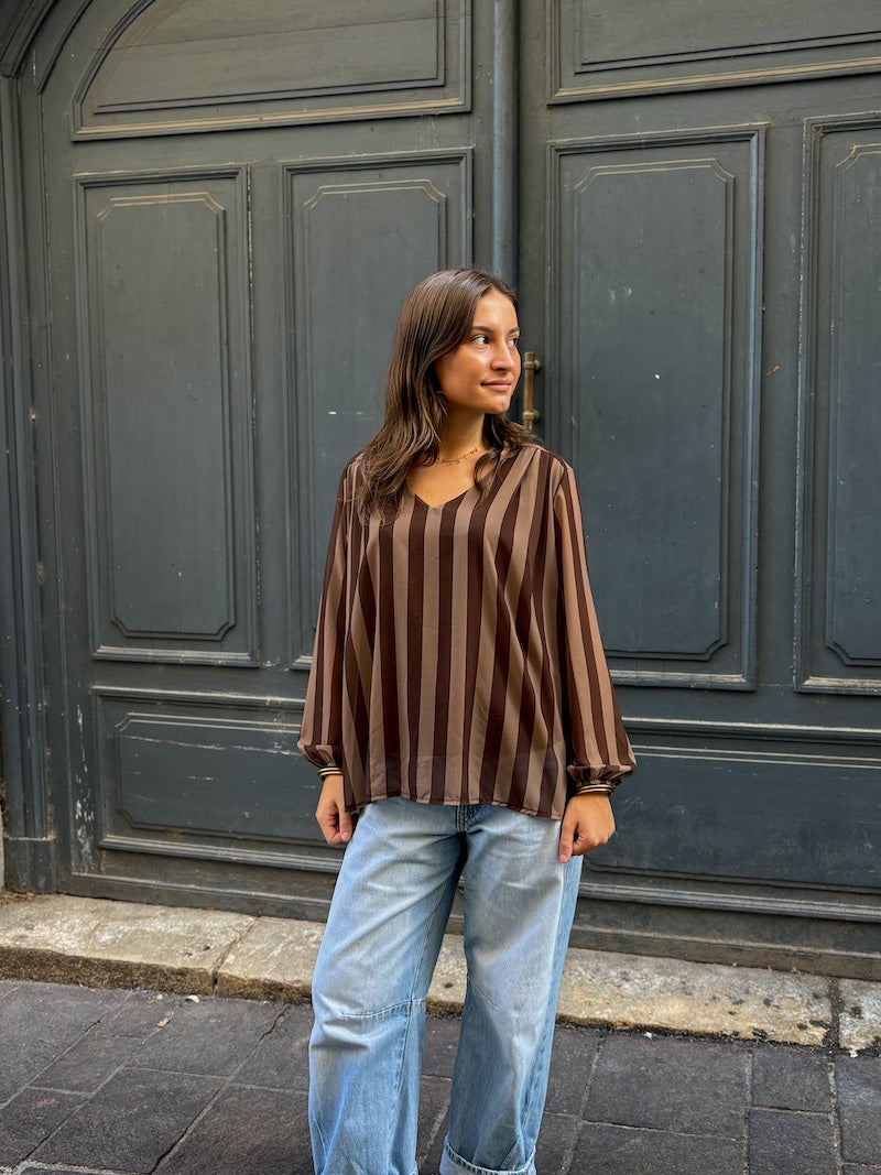 blouse à rayures chocolat tendance pour femme