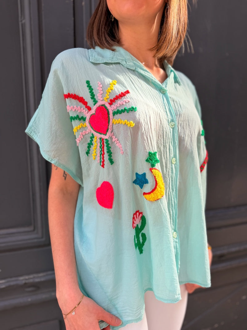 Blouse bohème chic oversize brodée - Palmier, soleil, étoile, coeur sacré