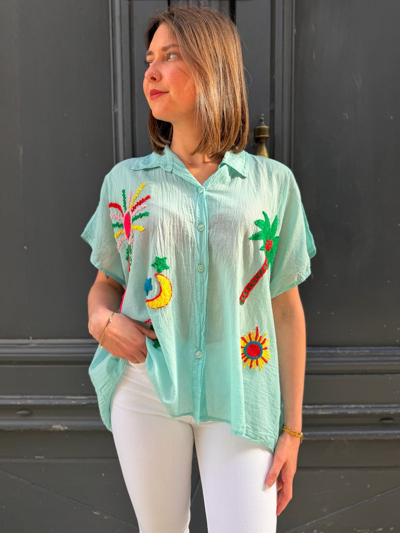 Blouse bohème chic oversize brodée - Palmier, soleil, étoile, coeur sacré