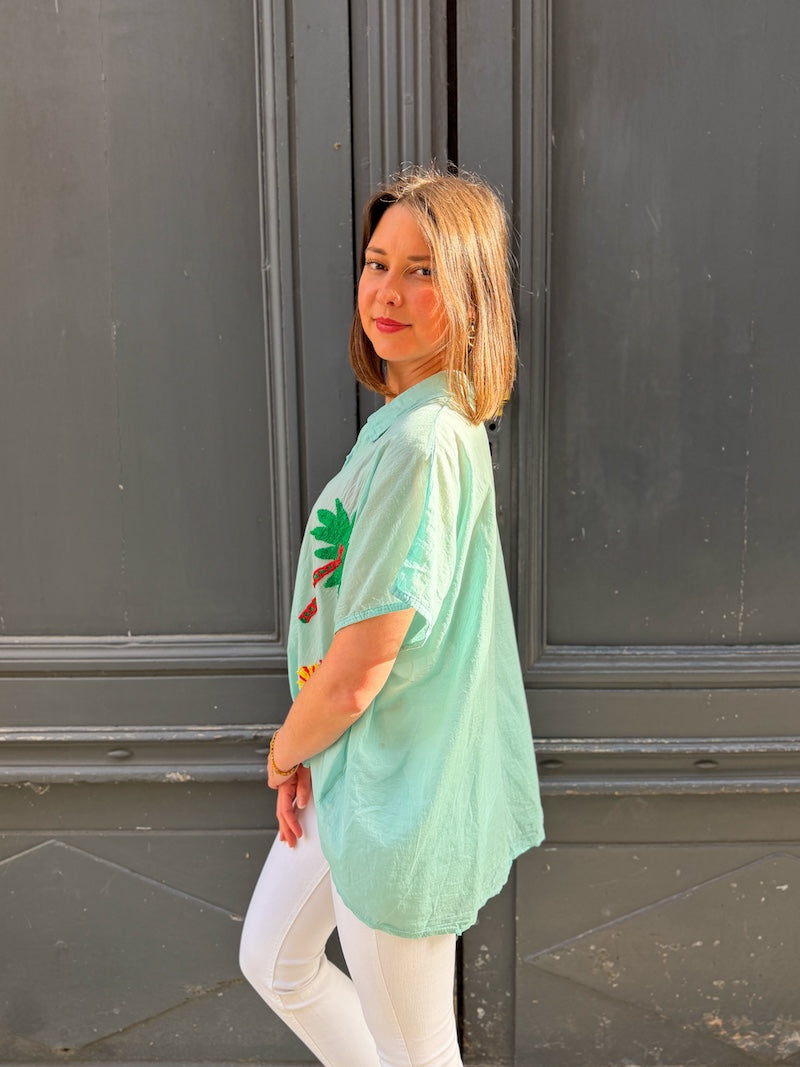 Blouse bohème chic oversize brodée - Palmier, soleil, étoile, coeur sacré