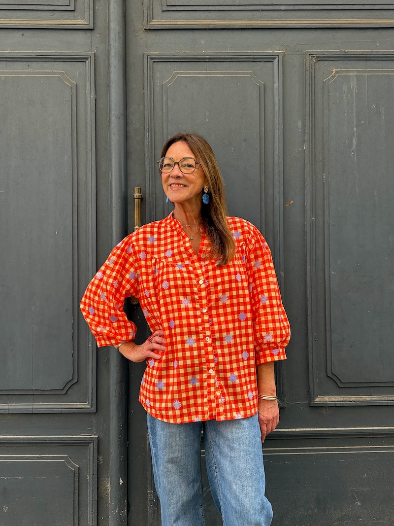 Blouse bohème à fleurs - imprimé Vichy et fleurs