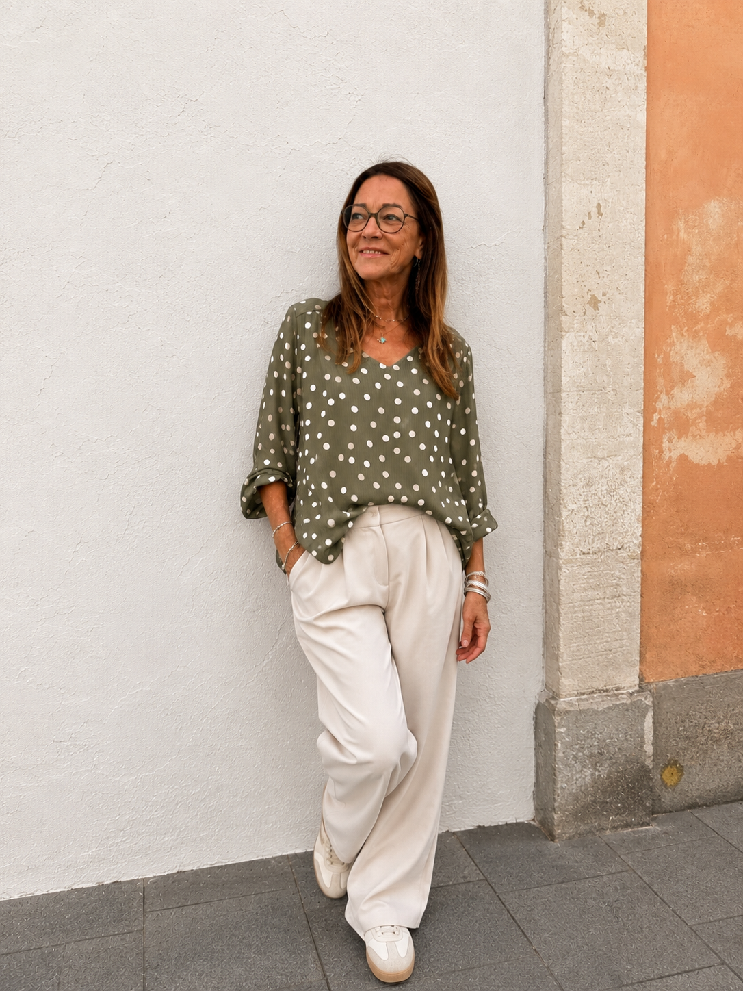 blouse kaki à pois tendance pour femme
